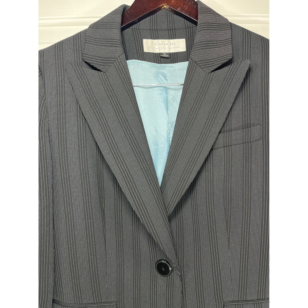 Tahari Blazer Women 10 Charcoal Grey Pinstripe Single Button Notched Lapel - Picture 9 of 9